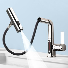 SINGSUO Bathroom Sink Faucet 1 Hole with Temperature Display, Single Hole Rotatable Bathroom Faucet with Pull Out Sprayer, Modern Pull Down Faucet with 360°Swivel Spout, 3 Spray Modes (‎Chrome)