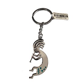 Southwest Kokopelli Silver Keychain (Chrome) - Southwest Gift Idea - Souvenir Charm - Metal Keychain - Native American Design with Turquoise Accents