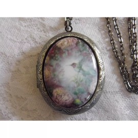 Fancy Fox Boutique Hummingbird Rose Locket Antique Silver Necklace Porcelain Cameo Memory PHOTO