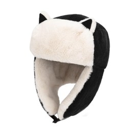 Kids Fuzzy Faux Fur Trapper Hats with Cat Ear, Girls Boys Warm Cozy Earflap Hats Ushanka Russian Hat Windproof Thermal Winter Camping Cycling Ski Full Hood Hats Skull Caps for 3-8 Yrs Black