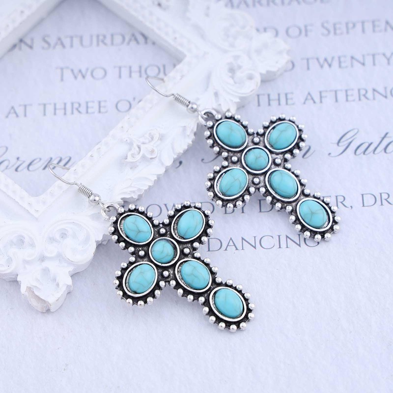 Cimenexe Bohemian Turquoise Cross Dangle Earrings Silver Cross Crucifix Earrings