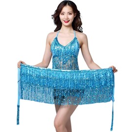 LuckyMoon Belly Dance Skirt Hip Scarf, Sequin Tassel Belly Dancing Skirt Dance Hip Belt Latin Dance Hula Hip Scarf Blue