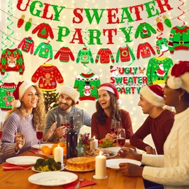 Ugly Sweater Party Decorations, Ugly Christmas Sweater Party Supplies Includes Ugly Sweater Party Banner and Red Green Ugly Sweater Decorations Hanging Swirls for Ugly Sweater Christmas Party