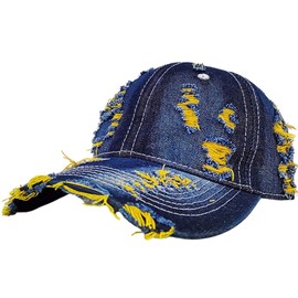 Vintage Neon Washed Distressed Denim Baseball Cap, Ripped Adjustable Trucker Hat, Unisex Casual Dad Hat for Travel Outdoor Sports (US, Alpha, Medium, Large, Yellow)