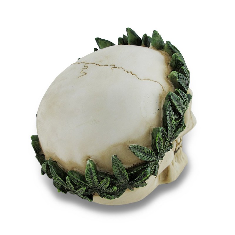 Zeckos Pot Head Leaf Headband Human Skull Statue