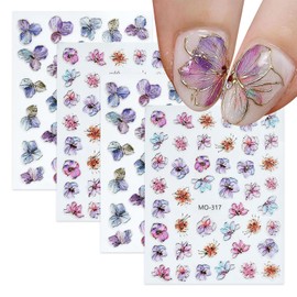 4 Sheets Shiny Flower Nail Stickers for Nail Art 3D Glitter Purple Golden Flower Nail Design Stickers Purple Golden Glossy Nail Decals Holographic Nail Supplies for Women DIY Nails Art Decoration
