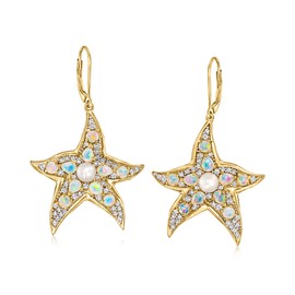 Ross-Simons Opal and 5-5.5mm Cultured Pearl Starfish Drop Earrings With 1.20 ct. t.w. White Topaz in 18kt Gold Over Sterling