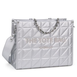Chinllo Tote Bag for Women Quilted Chains Satchel Purse and Handbags with Shoulder Strap (E.Silver-S)
