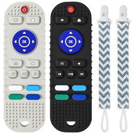 2PCS Baby Teether Toys Silicone, Remote Control Shape Teething Toys with Pacifier Clip, Silicone Baby Teething Toys for 0-12 Months, BPA Free Baby Teething Toys for Boys and Girls (Black+Beige)