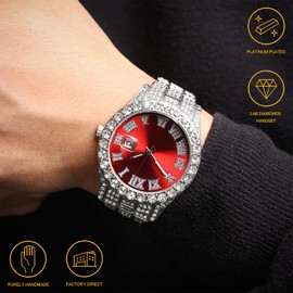 Halukakah Men's Diamond Gold Watch ● President ● 18K Real Gold Plated/Platinum White Gold-Plated 42 mm Wide Green/Blue/Red Bracelet with Lab Diamonds 24 cm, Cuban Link Chain 20 + 45 cm, Includes Gift