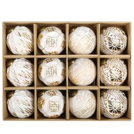 SVNVIOZ White Gold Christmas Baubles Decorations, 12Pcs 8cm Christmas Tree Ball Ornaments Set, Xmas Tree Decorations Shatterproof Christmas Balls for Christmas Tree Decoration