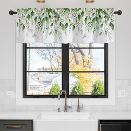 YUVVLFY Green Leaves Valance Curtains for Windows Watercolor Sage Eucalyptus Leaves Modern Rod Pocket Decorative Window Valance for Kitchen Bathroom Bedroom Living Room Closet, 54x18 Inch