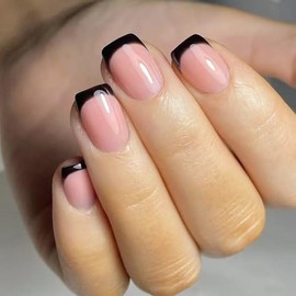 Uñas postizas cuadradas cortas con punta francesa negra para uso diario, uñas postizas brillantes de cobertura total, uñas acrílicas color nude para m