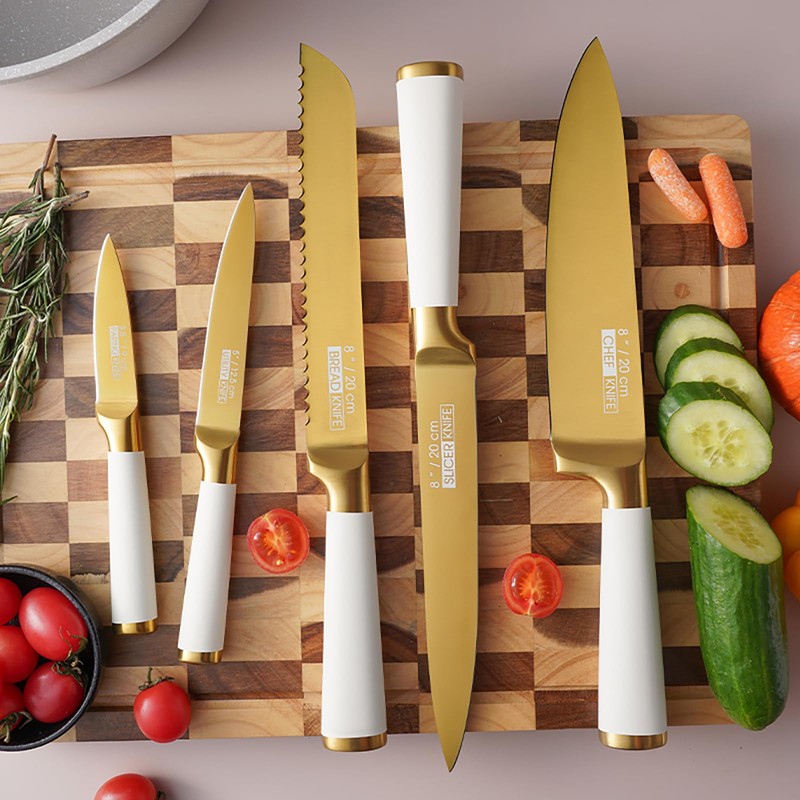 7Pcs Gold White Kitchen Knife Set with Acacia Wooden Block