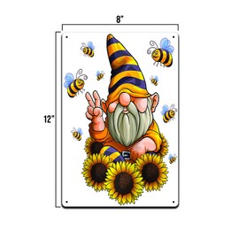 Honey Bee Gnome Peace Love Sunflower 12 X 8 Tin Metal Sign Décor Garden Honeycomb Bumble Dandelion Queen Honey Yard Spring Summer Butterfly Wildflower Honeybee Pollinator Indoor Outdoor Rock MS077