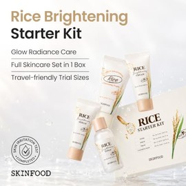 SKINFOOD Kit de inicio de arroz, tóner de arroz, suero de arroz, hidratante de arroz y lavado facial de arroz para piel de vidrio, juego de cuidado de