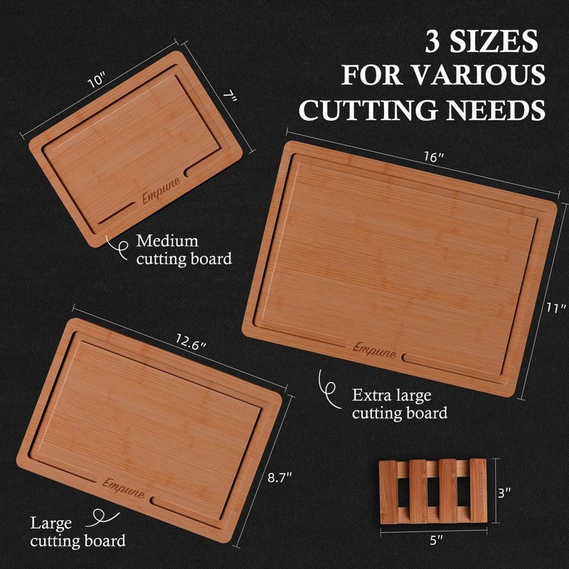 Empune Bamboo Cutting Board Set, Wood Cutting Boards for Kitchen