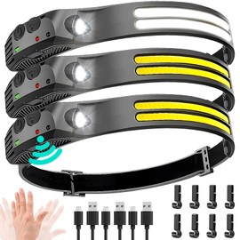 Beccason LED Headlamp Rechargeable 3PCS - 230° COB Super Bright Head Lights for Forehead, Hard hat Light for Adults, USB C Headband Flashlight for Work, Hiking, Running, Camping Essentials Gear