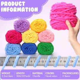 Buryeah 8 Pack Chunky Chenille Yarn for Crocheting Soft Thick Fluffy Yarn for Hand Knitting Bulky Velvet Blanket Plush for Weaving DIY Crafts Each 3.5 oz 55 Yards (Novel Colors)