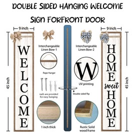 Outdoor Welcome Sign for Front Porch Standing Large 2 Sided 45"X9" Wooden Frame Tall Vertical Leaner Long Home Sweet Home Front Door Sign for Rustic Outside Farmhouse Modern Decor (Wood White)
