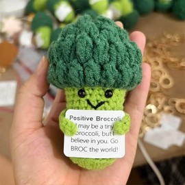 CNDNO Positive Broccoli Crochet, Cute Emotional Support Crochet with Inspirational Card, Positive Crochet Emotional Support Buddies, Knitted Vegetable Doll for Home Office Decoration
