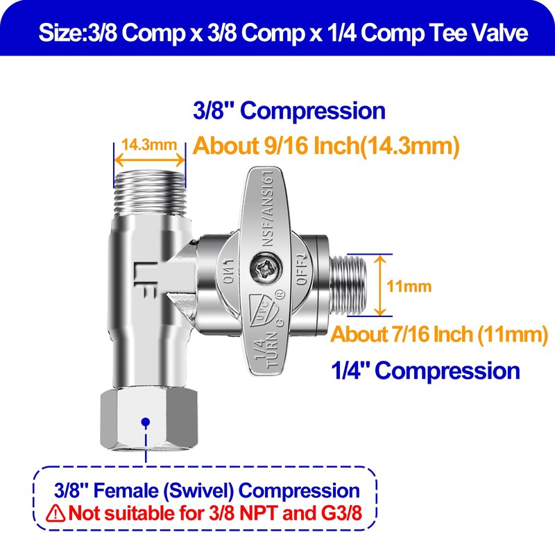 Tee Stop Valve - 3/8 Comp x 3/8 Comp x
