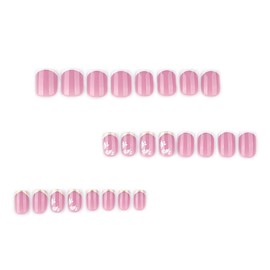 French Tip Press on Nails Short Square Gold Border Fake Nails with Glue Spring Summer White Flower Stick on Nails Pink Glossy False Nails for Women DIY Manicure Decoration, 24PCS