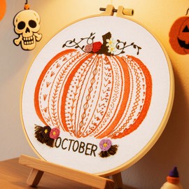 Easy Beginners Embroidery Stitches Practice Kits for Adults Kids, Fall Pumpkin Embroidery Starters Kits for Beginners to Learn 26 Stitches, Autumn Hand Embroidery Set Craft for Women & Video Tutorial