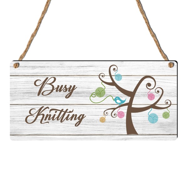 "Busy Knitting" Sign - Whimsical Craft Room Decor for Knitting