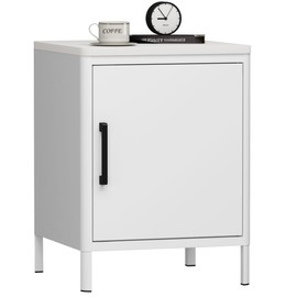 Steehoom Nightstand with 1 Door, Metal Side Table with Wooden top for Bedroom, Living Room and Dorm 15.75 x 15.67 x 21.26 Inches (1 Door, Cream)