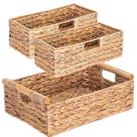 VATIMA Large Water Hyacinth Storage Baskets for Organizing with Wooden Handles for Shelves, 2 Bathroom Small Basket, Water Hyacinth Toilet Paper Baskets, Set of Natural Wicker Storage Basket for Home