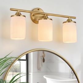 Jonsi Gold Bathroom Light Fixtures 3-Light Vanity Lights Modern Wall Sconce with Milk White Shade Brushed Brass Bathroom Light Fixture Over Mirror for Bedroom Hallway Kitchen