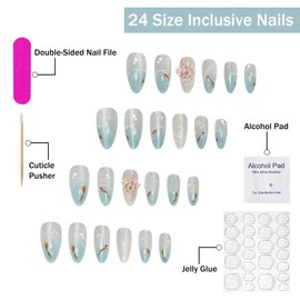 Handmade Press on Nails Medium Almond SWEKKE 3D Ombre Fake Nails Flower False Nails with Designs Pearls Gold Fish Glittery Blue Glossy Glue on Nails Acrylic Nails for Women Girls 24Pcs