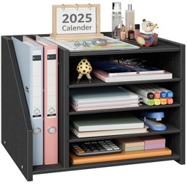 NUTIKAS Wood Paper Tray Organizer for Desk - 5 Tier Desk Top File Storage Office Workspace Desktop Organization Stationary Small Wooden Shelf, Black