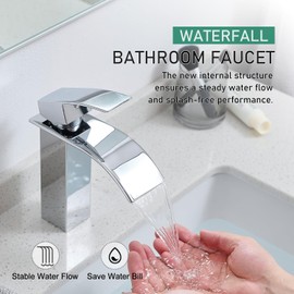 VOTON Chrome Bathroom Faucets Waterfall Bathroom Sink Faucet Modern Single Handle Bathroom Faucet for 1 or 3 Holes with Deck Plate and Pop-Up Drain, Rv Sink Camper Farmhouse Bathroom Faucet