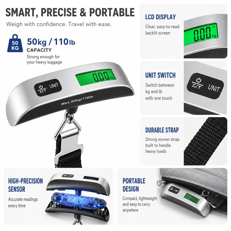 110 lb / 50 kg Digital Luggage Scale – Portable