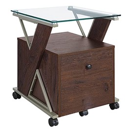OSP Home Furnishings Zenos Mobile Rolling File Cabinet with Tempered Glass Top, Traditional Cherry