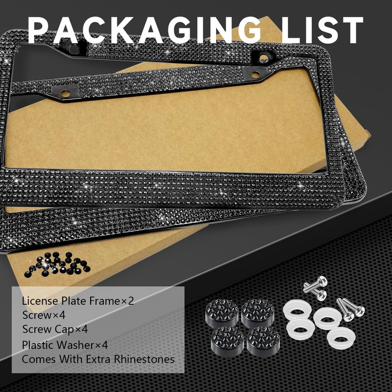 Black Bling License Plate Frames for Women, 2 Pack Stainless