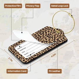 2 Pack Luggage Tags for Suitcases, Cute PU Leather Name Tags with Privacy Cover & Stainless Steel Loops, Travel ID Bag Tags for Women & Men - Leopard