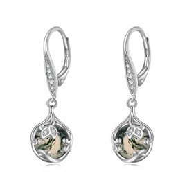 Moss Agate Dangling Leverback Earrings 925 Sterling Sliver Teardrop Dangle Drop Earrings for Women