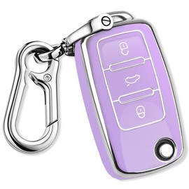 QBUC for VW Key Fob Cover with Keychain Silver Trim Soft TPU Compatible with Volkswagen Jetta Beetle Santana Scirocco Eos Tiguan Touran Polo MK5 Passat Golf GTI MK6(Purple)