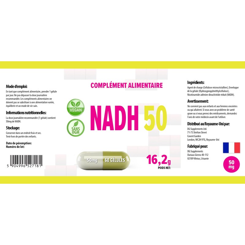 NADH 50 mg 60 Vegan Capsules, Laboratory Tested, High Dosage,