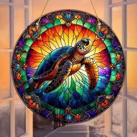 Sea Turtle Flower Stained Windows Hanging Suncatcher,Flower Stained Glass Suncatchers Window Ornament Stained Glass Panel Sun Catcher Wall Hanging Decor Birthday Gifts