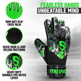 SYNA SPORTS Soccer Goalkeeper Gloves for Kids Boys Youth, Soccer Goalie Gloves 4MM Anti-Slip Resistant Latex Palm Double Wrist Support, All Weather Football Gloves (Green, 5)