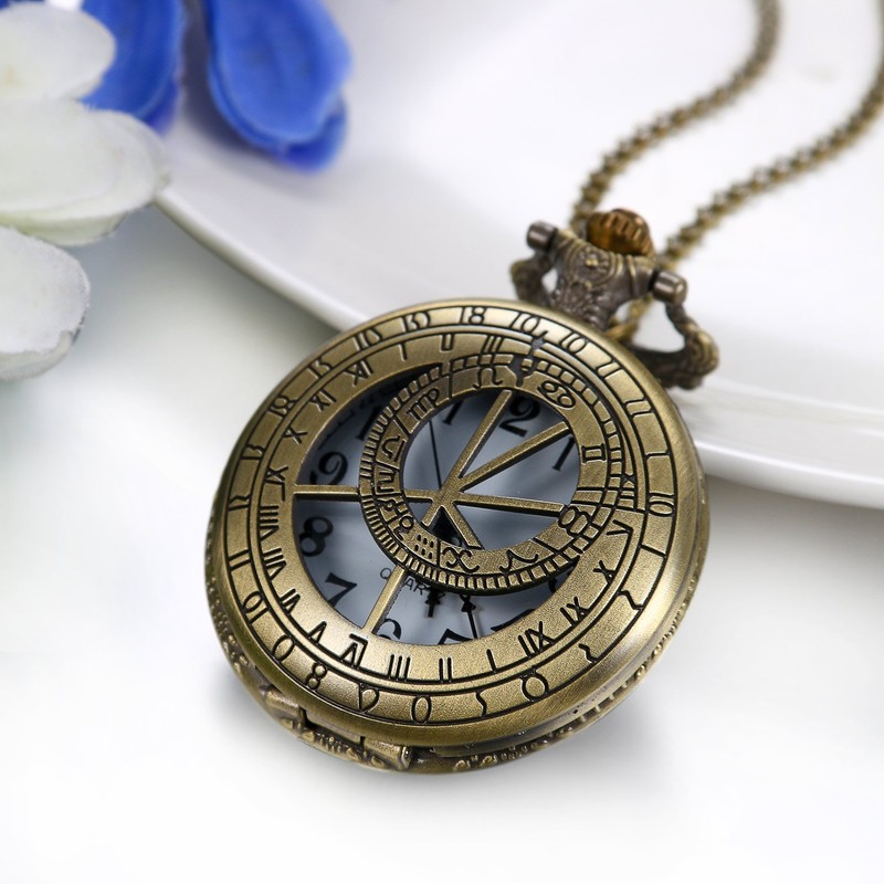 JewelryWe Vintage Brass Pocket Watch with Compass Necklace Twelve Constellation