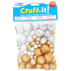 Baker Ross AR687 Gold & Silver Glitter Poms for Kids Christmas Crafts and Decorations (Pack of 100), Silver & Gold