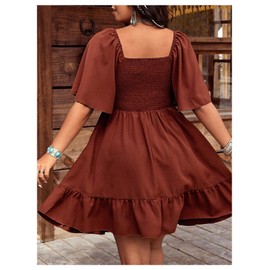 Verdusa Women's Plus Size Boho Floral Flowy Dress Half Sleeve Sweetheart Neck A Line Dresses Brown 4X-Large Plus