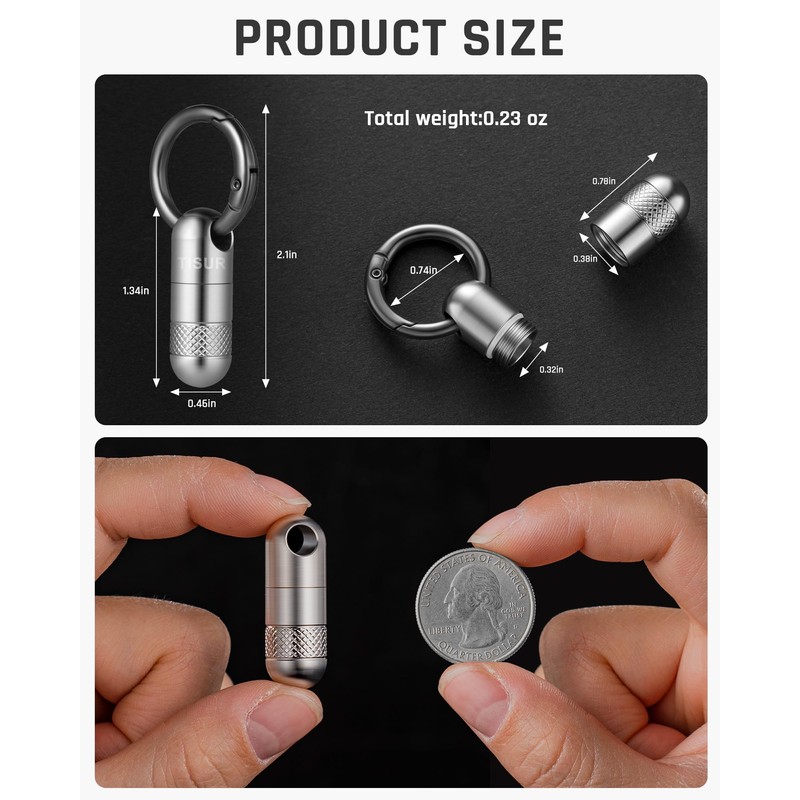 TISUR Titanium Small Pill Case,Mini Single Keychain Pill Holder Portable