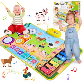 Dromlag 3 in 1 Music Mat Toys for 1 2 3 4 5 Year Old Girls Boys, Education Toddler Toys Animal & Drum Piano Mat Gifts for 1-6 Year Old Boys Girls, Dance Mat Kids Toys Birthday Gifts for Girls Boys