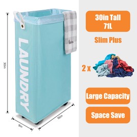 Caroeas 30" Rolling Laundry Basket Slim with Handle on Wheels, Foldable Laundry Hamper, Collapsible Laundry Bag and Organizer, Tall Thin Storage Basket Bin (Light Blue)